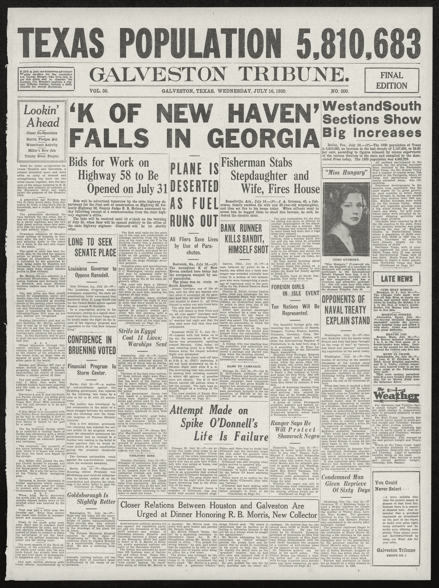 Galveston Tribune. (Galveston, Tex.), Vol. 50, No. 200, Ed. 1 Wednesday, July 16, 1930